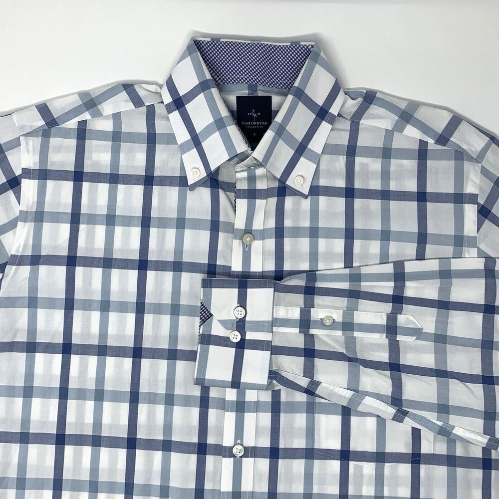 Taylorbyrd White with Blue Plaid Long Sleeve Button Up Men's Shirt Size‎ Large